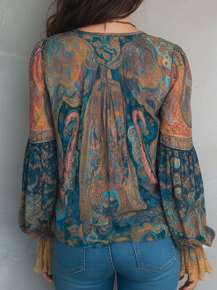 Hilary | Bohemian Teal and Amber Paisley Blouse with Ruffled Cuffs