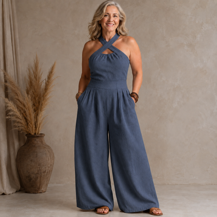 Bianca | Linen and Cotton Jumpsuit with Elegant Cross-Neckline