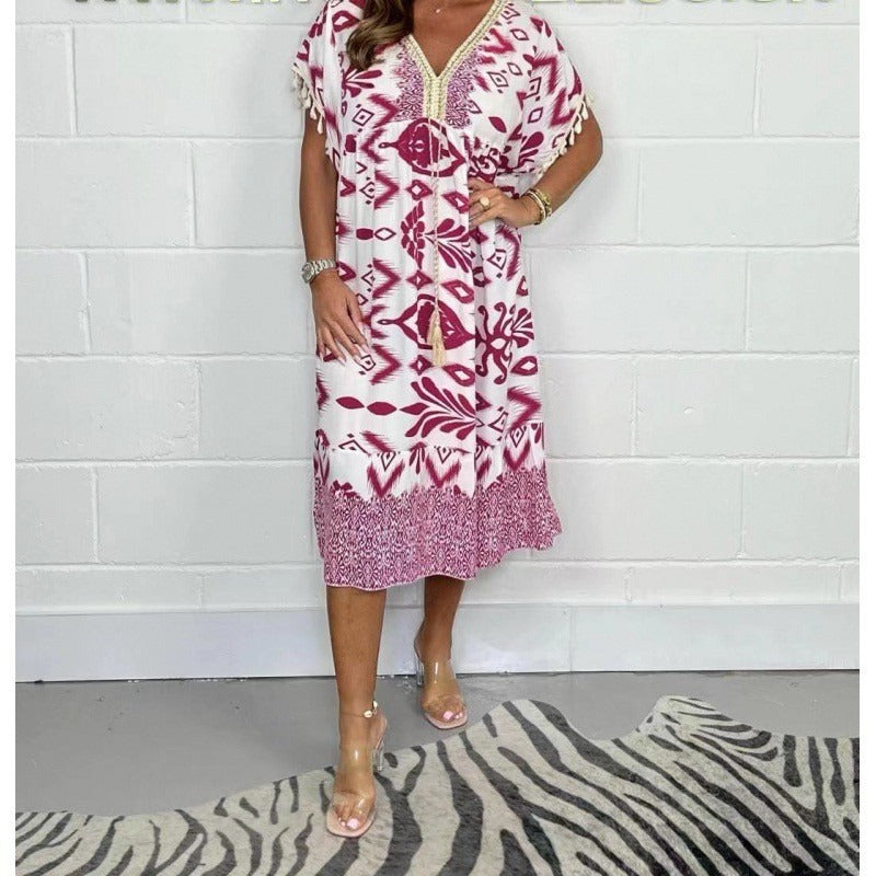Celeste™ | Fringe Sleeve Printed Kaftan Dress