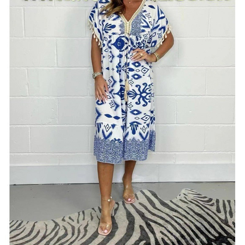 Celeste™ | Fringe Sleeve Printed Kaftan Dress