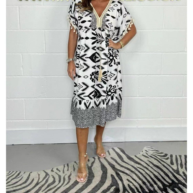 Celeste™ | Fringe Sleeve Printed Kaftan Dress