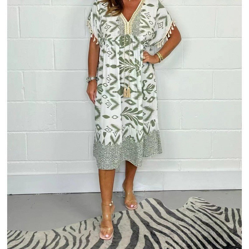 Celeste™ | Fringe Sleeve Printed Kaftan Dress