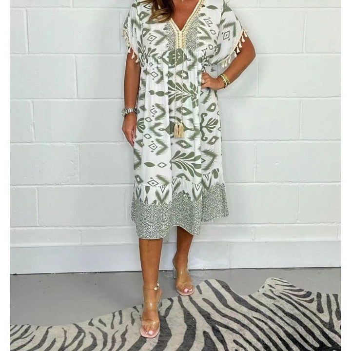 Celeste™ | Fringe Sleeve Printed Kaftan Dress