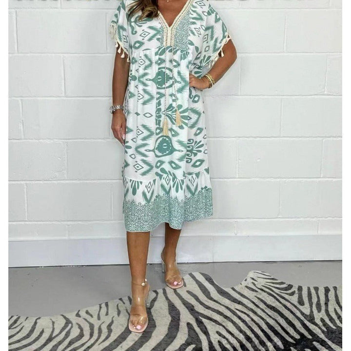 Celeste™ | Fringe Sleeve Printed Kaftan Dress