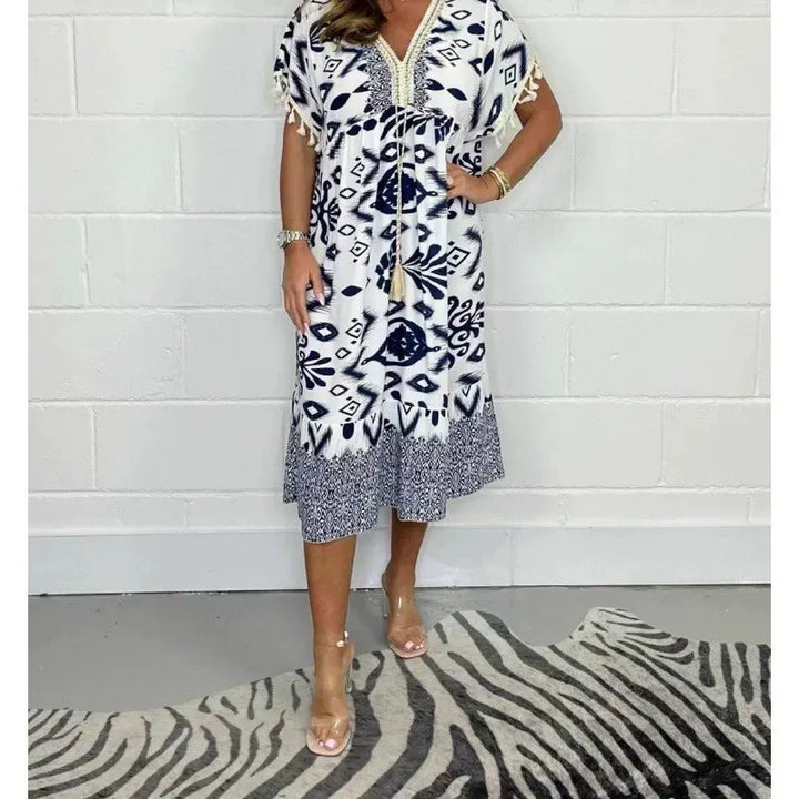Celeste™ | Fringe Sleeve Printed Kaftan Dress